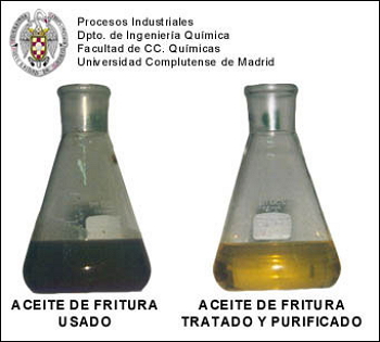 Aceite de fritura usado, antes y después de ser sometido al tratamiento y purificación aquí descritos.
