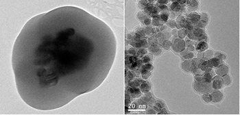 Micrografías obtenidas por TEM de los nanocomposites sintetizados en nuestros laboratorios, constituidos por núcleos luminiscentes (izquierda) o núcleos magnéticos (derecha).