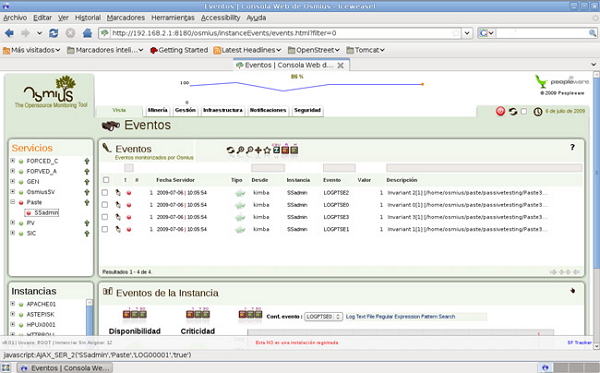 Image of the integration of: Osmius, commercial monitoring tool, and PASTE, research group testing tool.