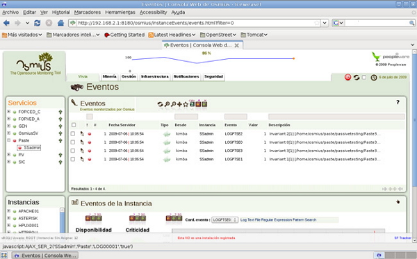 Imagen de la integración de: Osmius, herramienta de monitorización comercial, y PASTE, herramienta de testing del grupo de investigación.