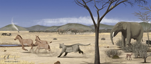 Reconstrucción del paisaje semidesértico del Mioceno de Somosaguas. / Marco Ansón.