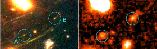 A la izquierda, una imagen en falso color obtenida combinando exposiciones en tres filtros con el telescopio Hubble, en la derecha se observa la misma zona del cielo vista con GTC utilizando un único filtro más sensible a la emisión de estrellas muy jóvenes. / UCM. 