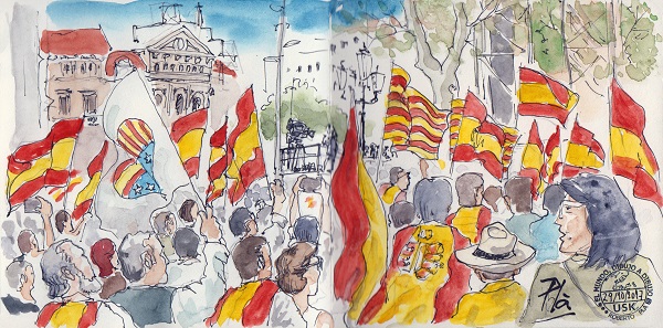 Acuarela de la manifestación en Barcelona el 28 de octubre. / Roberto Pla. 
