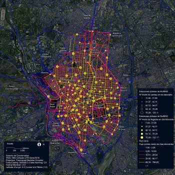 Mapa de Madrid con el flujo ciclista en estaciones BiciMAD. / G. R. 