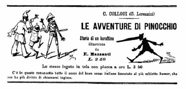 Portada de la primera edición de Las Aventuras de Pinocho en 1883 publicada en el Corriere del Mattino. / Corriere del Mattino.