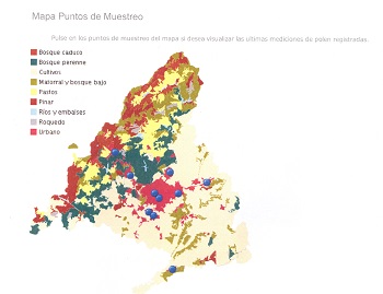 Mapa de Madrid con mediciones de polen de la Red Palinológica. / A.G.B.