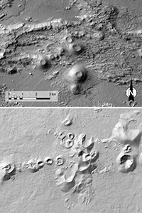 Comparación de superficies de estructuras volcánicas en Marte (arriba) y Lanzarote (abajo). / Combinación NASA y Grafcan de Jesús Martínez Frías.