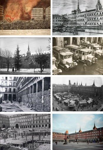 De izquierda a derecha, empezando por arriba, imágenes de la Plaza Mayor: grabado del incendio de 1790; grabado con el uso de plaza de toros en 1846; nevada en 1930; parada de buses en 1932; Guerra Civil de 1936; mercado en 1956; construcción de aparcamiento en 1968, y la plaza hoy. / DMFL.