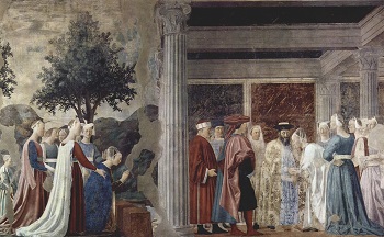 Fresco de la Leyenda de la Vera Cruz Encuentro de la reina de Saba y el Rey Salomón. / Piero della Francesca.