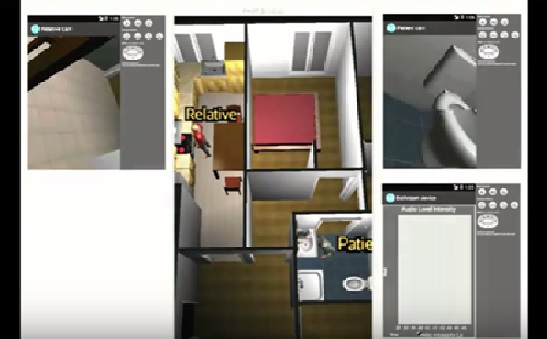 Simulación del hogar de un paciente con párkinson, en la que se observan sus movimientos a través de cámaras en relojes inteligentes del paciente y cuidador. Se monitorizar caídas con un micrófono en el baño para respetar la privacidad. / HackWithPeople.