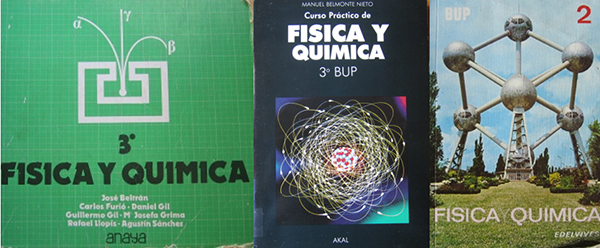 De izquierda a derecha, manuales de Física y Química de 1977, 1987 y 1989. 
