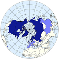 Los países en azul oscuro son los miembros del Consejo Ártico y los más claros, observadores. /  Emilfaro.