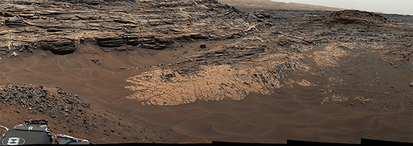 Vista general obtenida con la Mastcam del rover Curiosity mostrando el área de Marias Pass, una de las zonas donde se han encontrado estas chimeneas. / NASA/ JPL-Caltech/MSSS. 
