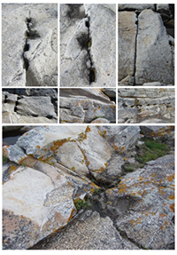 Vestigios de cantería histórica (cuñeras) y contacto entre leucogranito y granodiorita en la cantera de Penaboa (A Coruña).