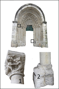 Capitel (1) y base (2) en una única pieza donde se observan dos tipos de piedra. Portada de la iglesia de Santa María de Azogue (siglos XVI-XV). Betanzos (A Coruña). 