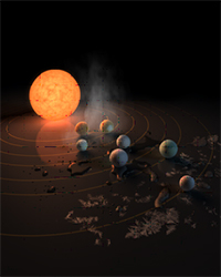 Ilustración de la estrella enana fría  TRAPPIST-1 con los siete planetas. / Autores: NASA/JPL-Caltech.
