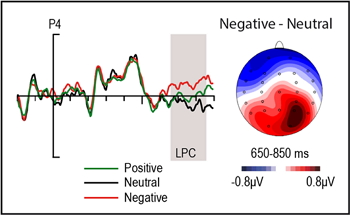 Patrón de actividad eléctrica cerebral característica del procesamiento de estimulos emocionales (EPN) producida por palabras negativas subliminales en comparación con palabras neutras. / UCM-ISCIII