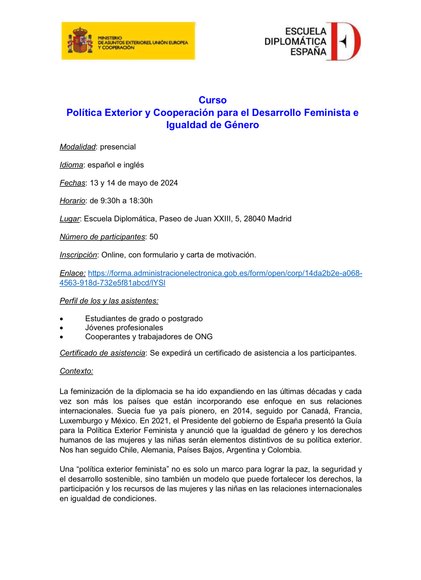 II Curso sobre Política Exterior y Cooperación para el Desarrollo Feminista e Igualdad de Género