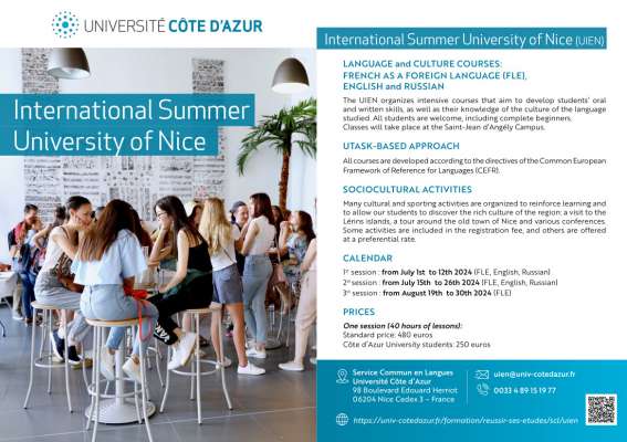 Summer University 2024 Nice Côte d'Azur, 1-26 July 2024 / 19-30 August 2024.