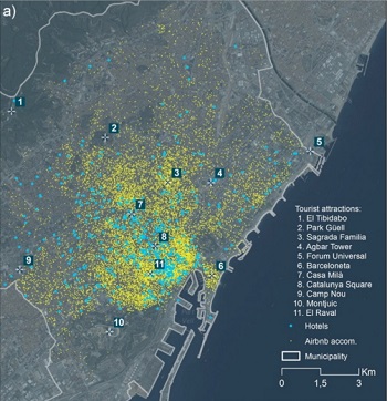 Localización de hoteles (azul) y apartamentos de Airbnb (amarillo) con respecto a puntos turísticos de Barcelona. / J. G. et al. 