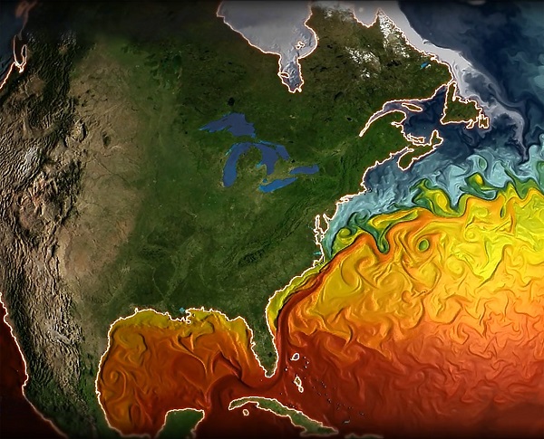 Imagen de la temperatura de superficie del Atlántico Norte simulado por el modelo CM2.6. / Remik Ziemlinski (NOAA GFDL).