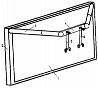 Esquema: 1. Lente de aumento tipo Fresnel A=60 cm2  2. Marco. 3. Barras cilíndricas extensibles   4. Barra plana 5. Dispositivos de engarce al instrumento optométrico