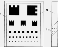 Figura 2. Visión Frontal y lateral. Escala de optotipos (1), E de Coriant (2), Marco (3), LEDs de colores (4).