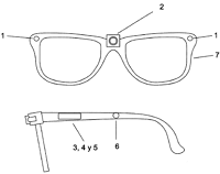 Frame: IR LEDs (1), CCD image detector with IR filter (2), start switch (6), resistor for LEDs (3), battery, to power the CCD detector and electronic components (4) and audible warning (5).