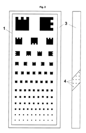  Se representa en visiOn frontal y lateral el marco (3) que sujeta un juego de LEDs (4) de diferentes colores. En la vision frontal se aprecia el soporte de color blanco que incluye la escala (1) de optotipos.