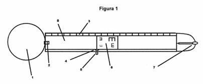 Se presenta un oclusor (1) unido a un mango (8) mediante una bisagra (2). Se pueden ver también: la lámina (6) que incluye el optotipo en posición paralela al mango (8), el botón (5) para alzarla hasta una posición perpendicular al mango (8), el carril (4) para facilitar el desplazamiento de la lámina (6) con optotipo a lo largo del mango (8), la regla milimetrada (3) y la linterna (7).