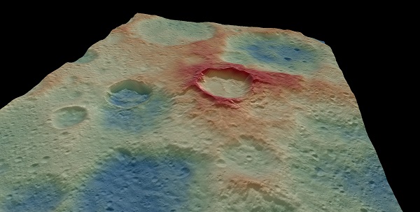 Modelo digital del terreno que muestra el escarpe formado por una falla inversa que deformó los cráteres Kupalo y Juling. / UCM a partir de datos NASA/DAWN. 