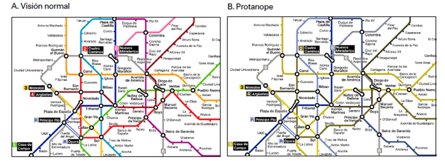 Comparación de la visión de plano de metro sin (A) y con (B) daltonismo. / Lillo et al. 2018