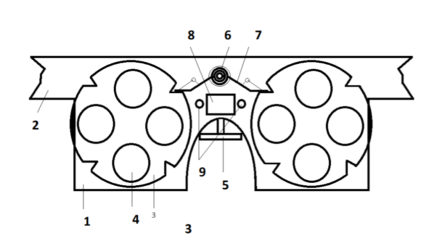 Interior del medidor electrónico de la flexibilidad acomodativa. Interior del frente (1) con soporte de correa (2) que incorpora rueda de lentes (3) con varios cristales (4), un puente (5), muelle (6) que modifica los terminales (7). Círculo electrónico impreso 35 (8) y pilas de botón (9) para proporcionar energía