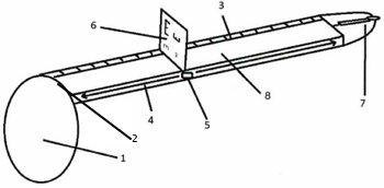 Descripción del dispositivo: 1.Oclusor visual. 2. Bisagra. 3. Escala milimétrica. 4. Carril del optotipo. 5 Botón del optotipo.           6. Optotipo. 7. Linterna. 8. Eje longitudinal del mango