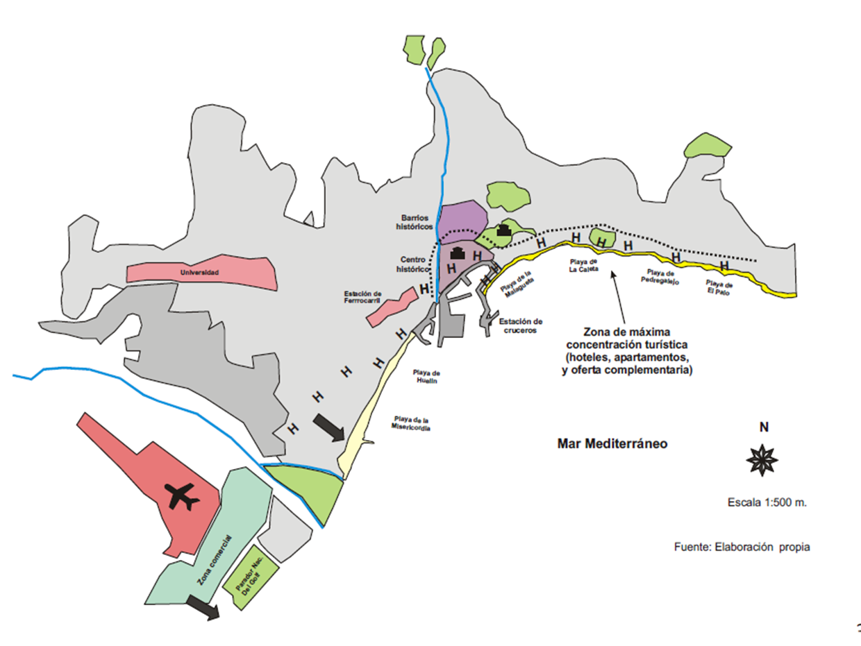 Localización de elementos turísticos significativos en Málaga. Elaboración equipo