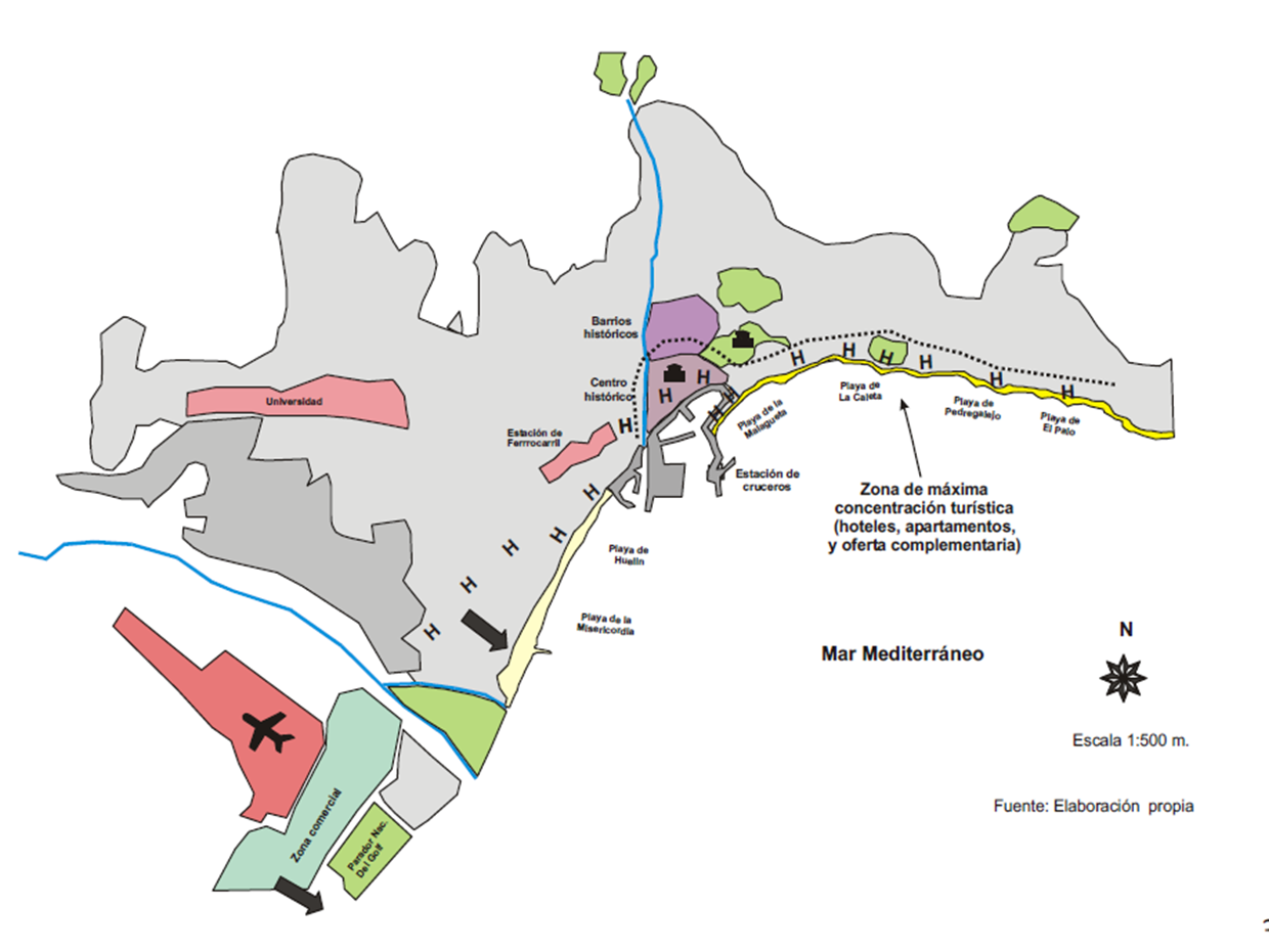 Localización de elementos turísticos significativos en Málaga. Elaboración equipo 