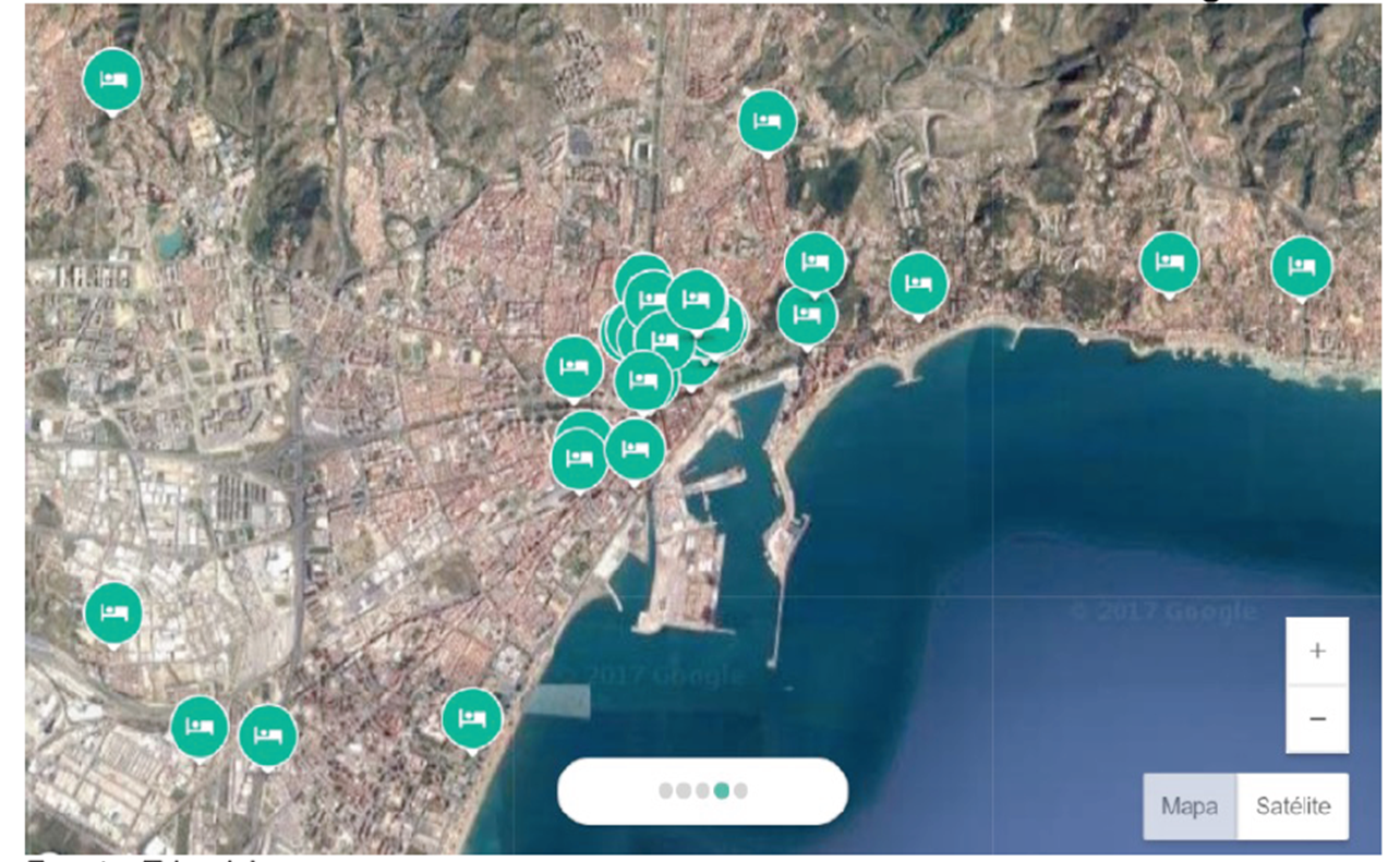 Distribución de los establecimientos hoteleros en Málaga. Fuente: Tripadvisor.es