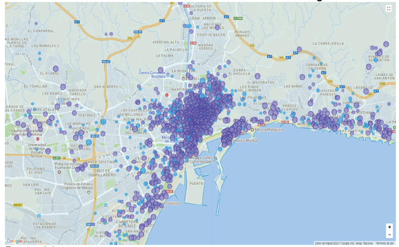 Distribución de la oferta de Airbnb en Málaga. Fuente: airdna.co
