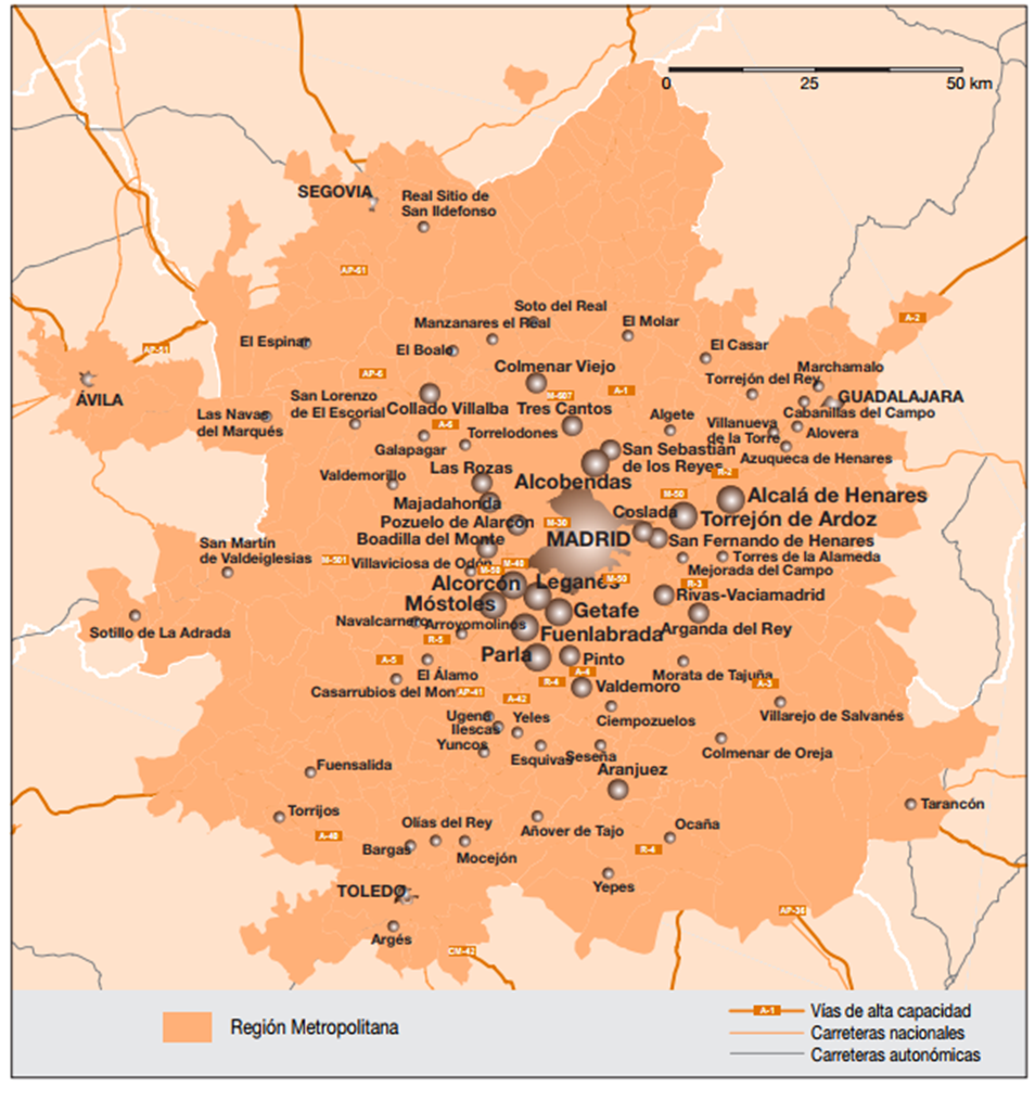 La ciudad de Madrid en el marco de la región metropolitana. Fuente: Barómetro de la Economía de la Ciudad de Madrid, nº 39, primer trimestre de 2014.
