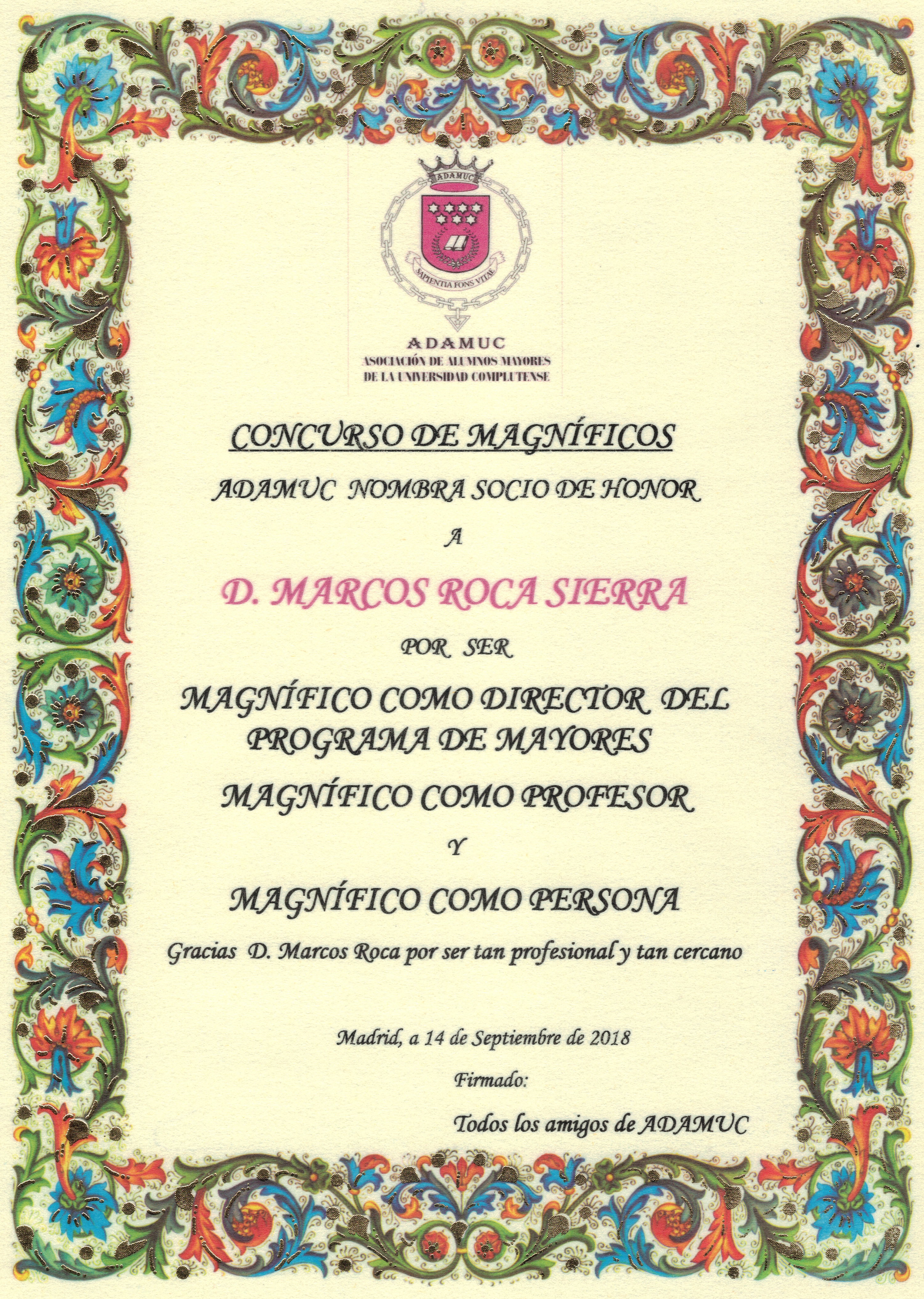Diploma a Marcos Roca Sierra