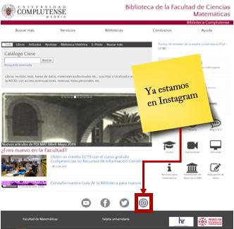 Imagen de la página web de la biblioteca con una flecha que indica donde está el enlace para ir a Instagram