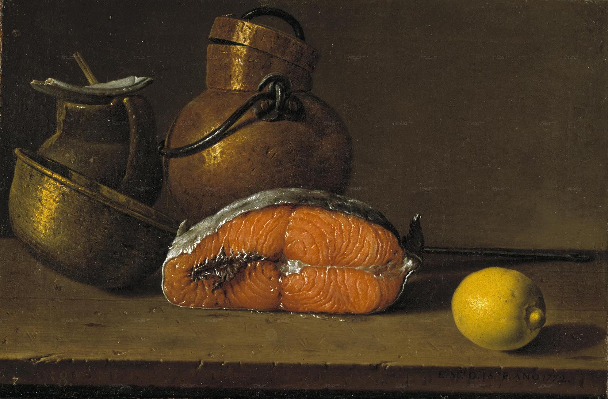 Meléndez. Bodegón: un trozo de salmón, un limón y tres vasijas, 1772