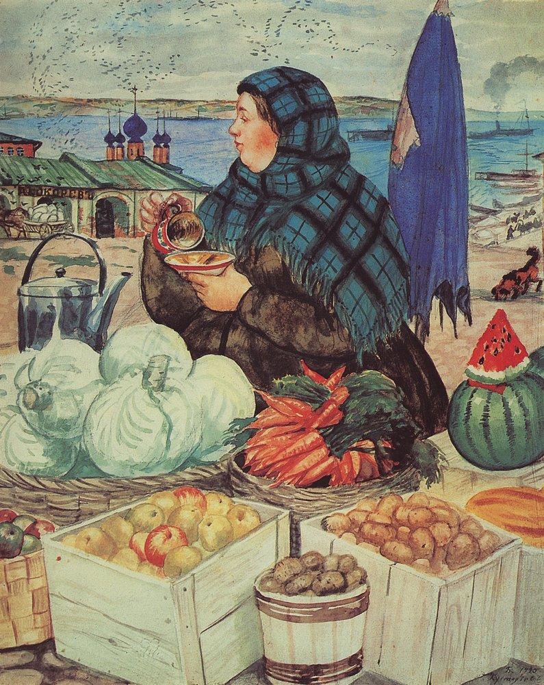 B Kustodiev. Vendedora de frutas y verduras - 1920