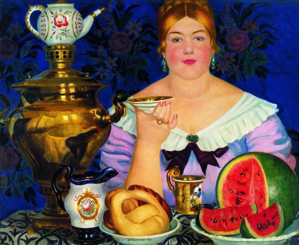 Boris KUSTODIEV (1878-1927) - La mujer del comerciante bebiendo té – 1923