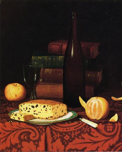 William Michael Harnett - Bodegón con bizcocho de pasas y vino - 1876
