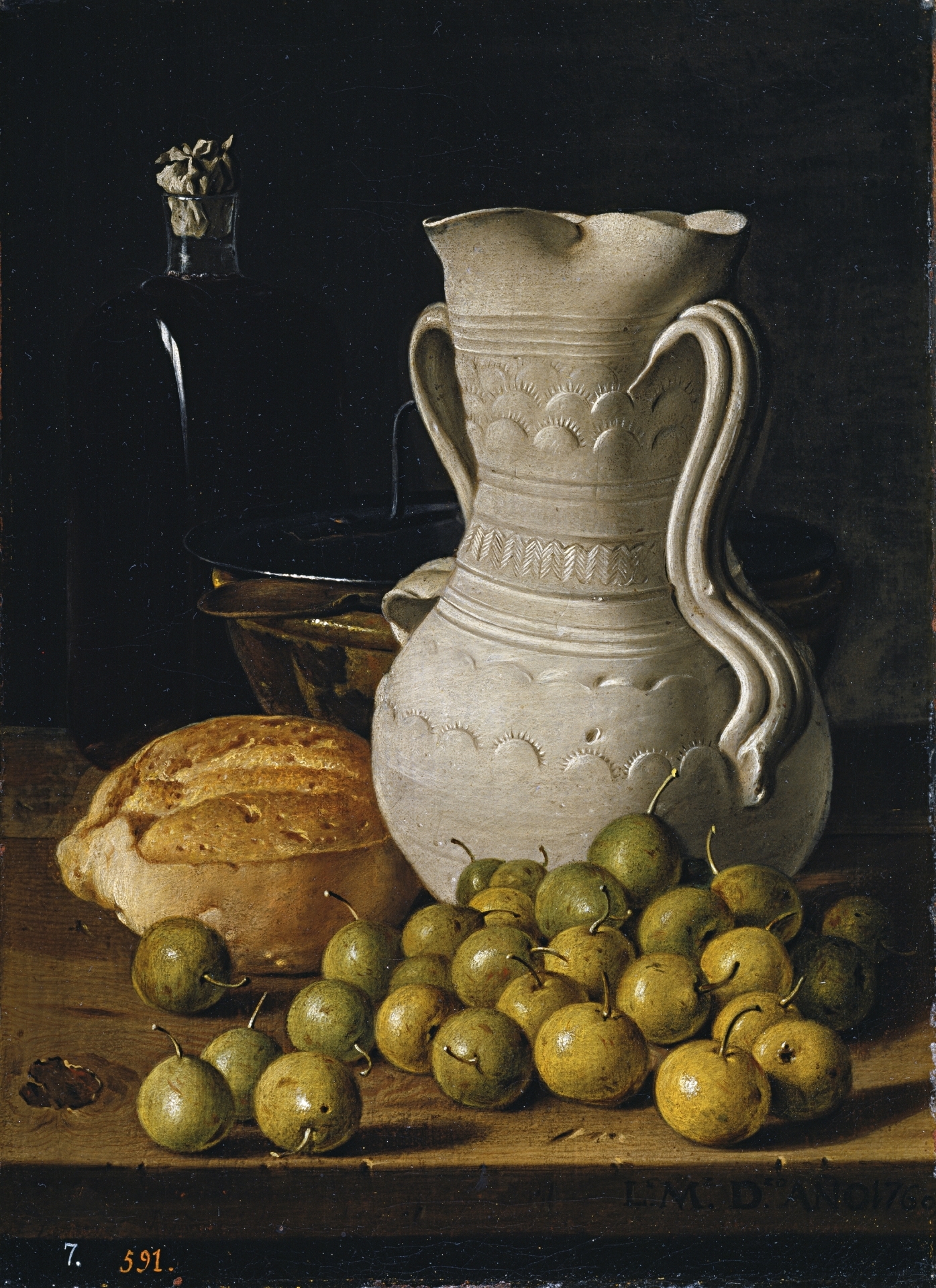 Luis Egidio, Meléndez - Bodegón con peritas, pan, alcarraza, cuenco y frasca - 1760