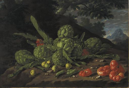 Luis Meléndez - Bodegón con alcachofas y tomate en un paisaje – hacia 1770