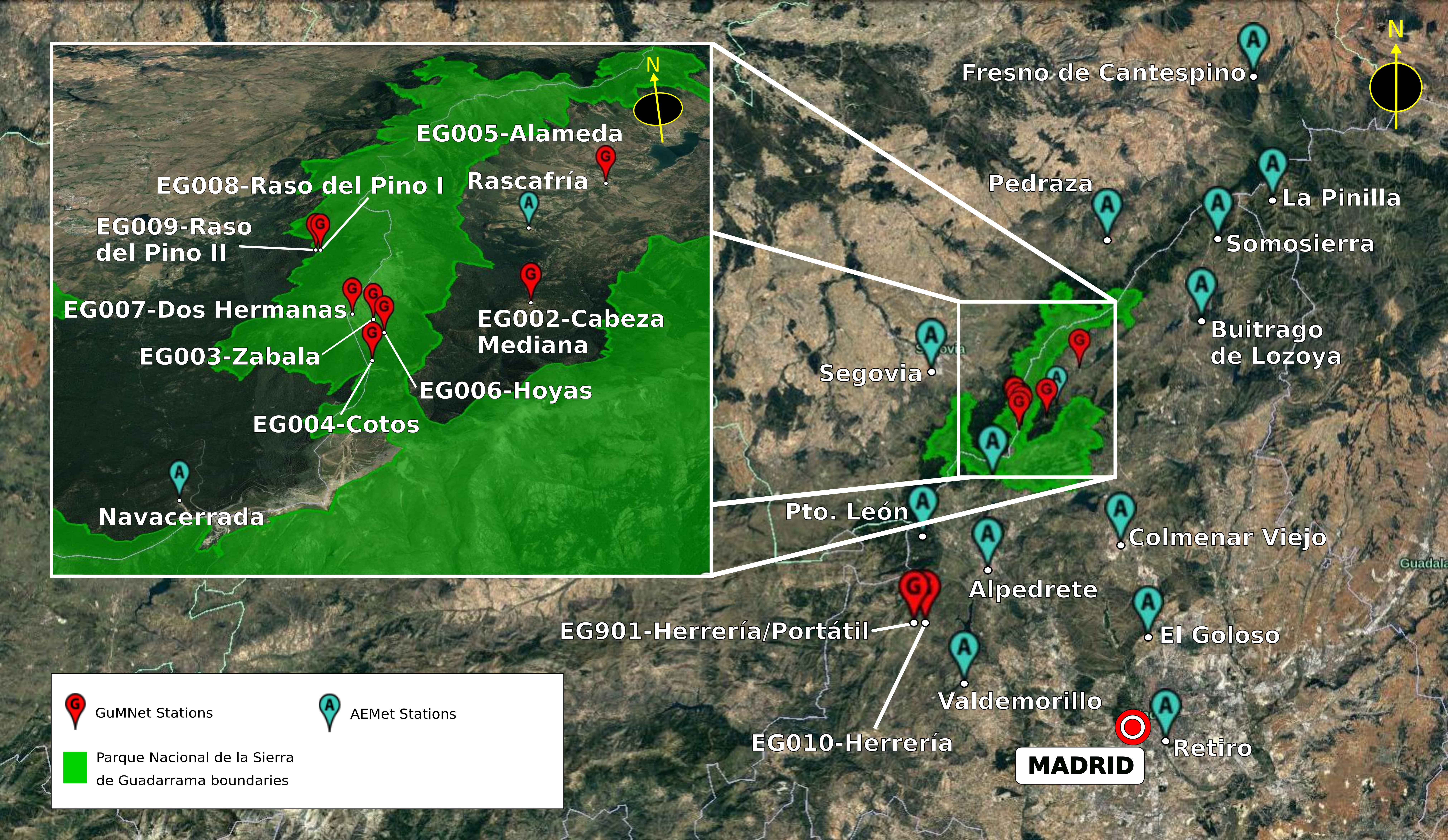Spatial distribution of GuMNet stations across the Sierra de Guadarrama and other meteorological stations of the area.