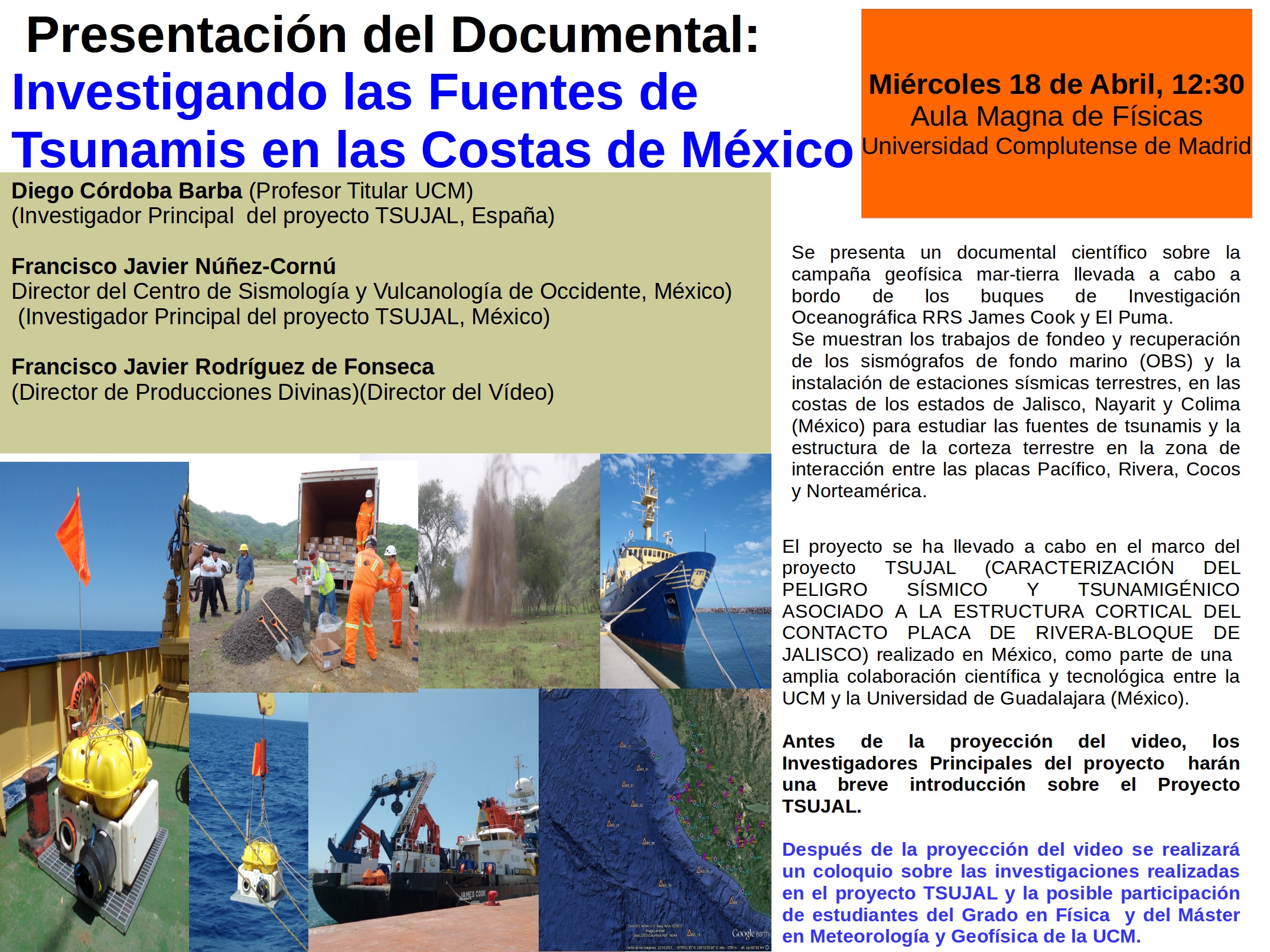 Presentación Documental Investigando las Fuentes de  Tsunamis en las Costas de México. Diego Córdoba Barba