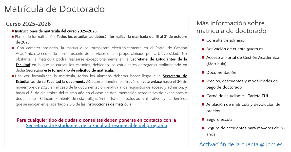 Matrícula curso 2025-26 (plazo: 15-31 de octubre 2025).